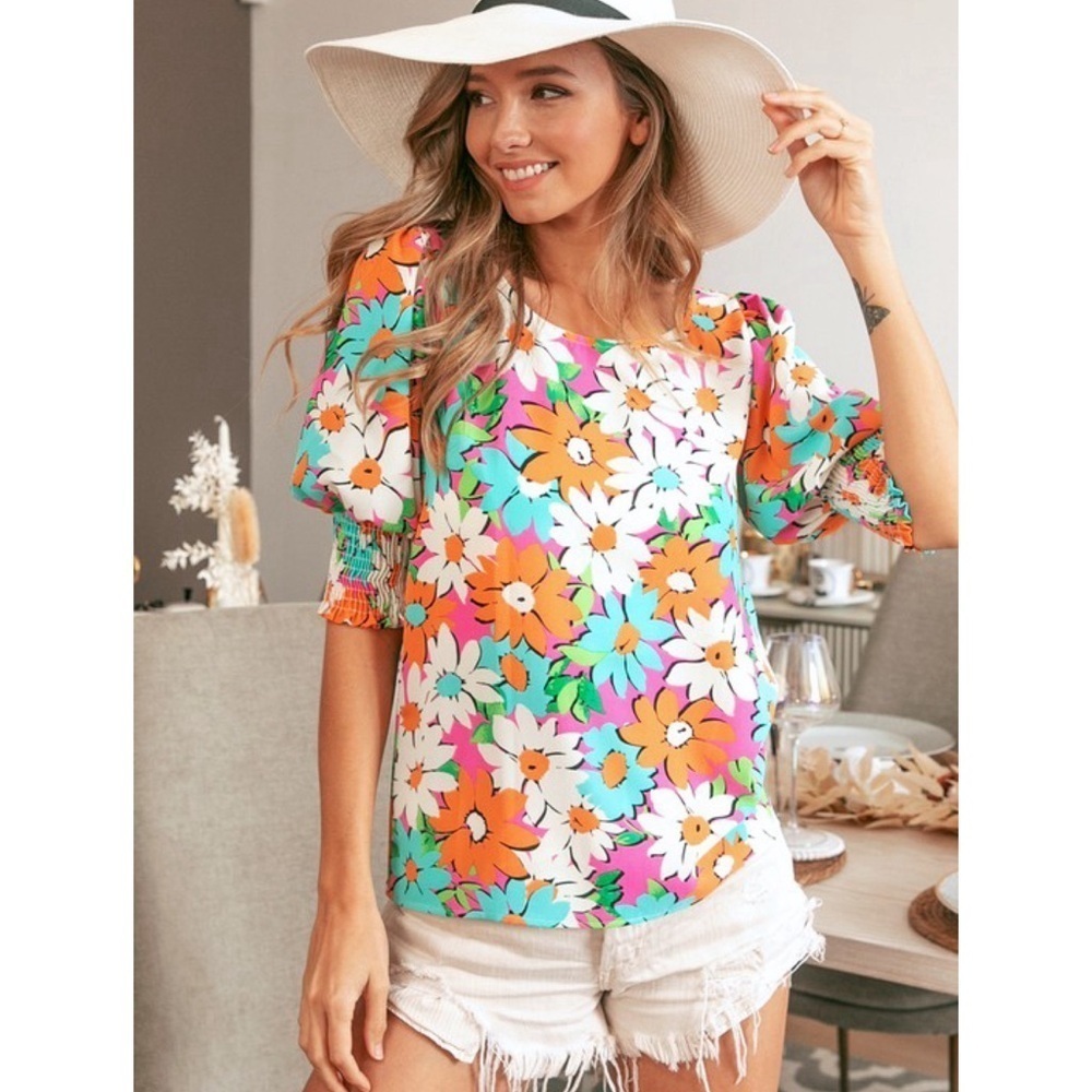 BiBi Multicolor Floral Puff-Sleeve Top (Orange, Turquoise, Pink, White) NWT